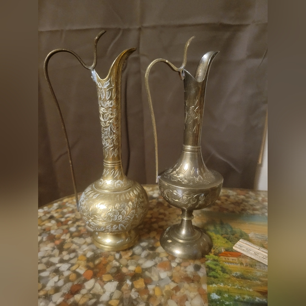 2 Vintage Engraved Brass Pitcher Cruet Vase world gift 10" MCM India tea‎ pot